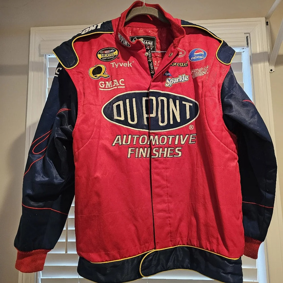 Dupont Jeff Gordon Red Racing Jacket snap front flames on sleeves Size Large - Picture 1 of 14